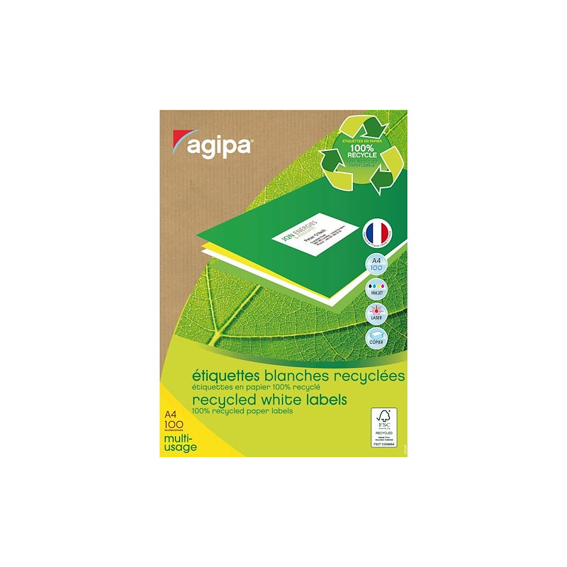 AGIPA 101195 Boîte de 100 étiquettes Recyclées Multi-usages 210x297mm
