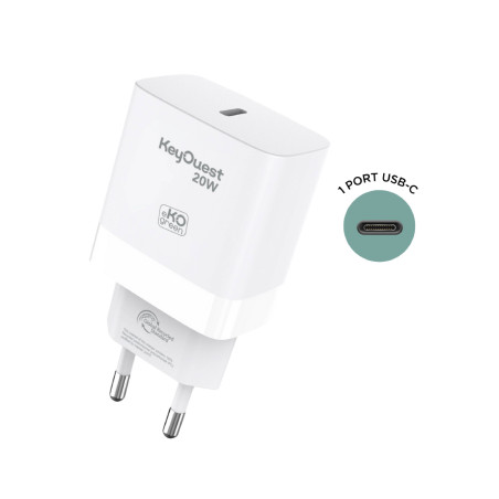 Chargeur Secteur eKOgreen recyclé 1 port USB-C 20W - Blanc