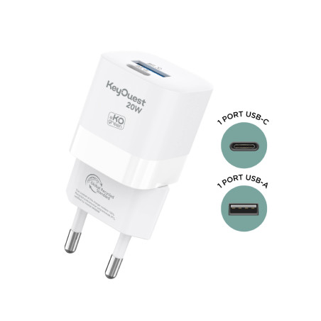 Chargeur Secteur eKOgreen recyclé 2 ports USB 18W / USB-C 20W - Blanc
