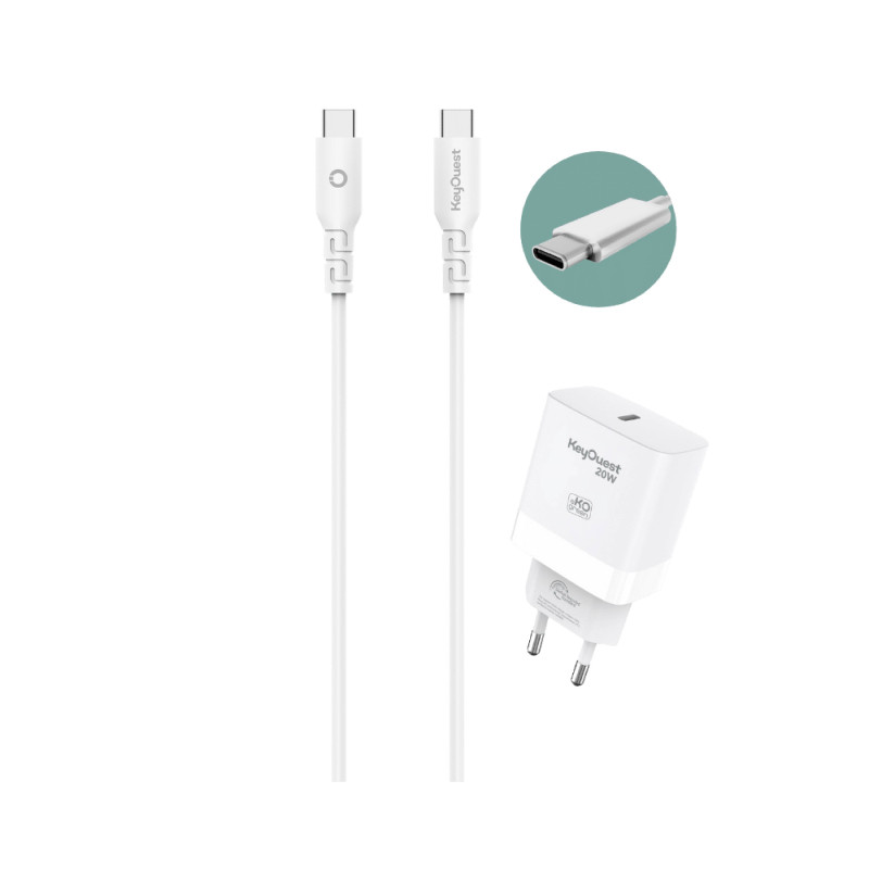 Kit Chargeur Secteur eKOgreen recyclé 20W + Câble USB-C - Blanc