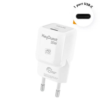 Chargeur Secteur eKOgreen recyclé GaN 1 port USB-C 30W - Blanc