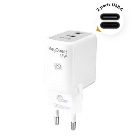Chargeur Secteur eKOgreen recyclé GaN 2 ports USB-C 45W - Blanc