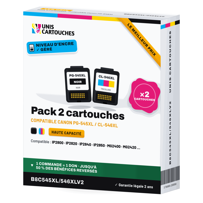 Pack Canon PG-545XL + CL-546XL remanufacturé V2, niveau d'encre