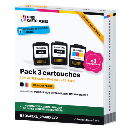 Pack 3 cartouches Canon 2 x PG-545XL + CL-546XL remanufacturées V2