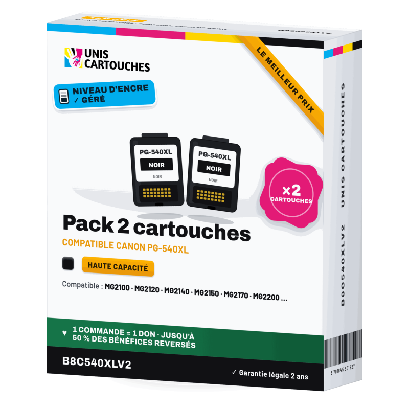 Pack 2 cartouches noires Canon PG-540XL remanufacturées V2