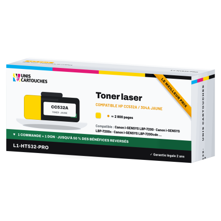 Toner compatible HP CC532A 304A jaune et Canon 718Y, 2800 pages