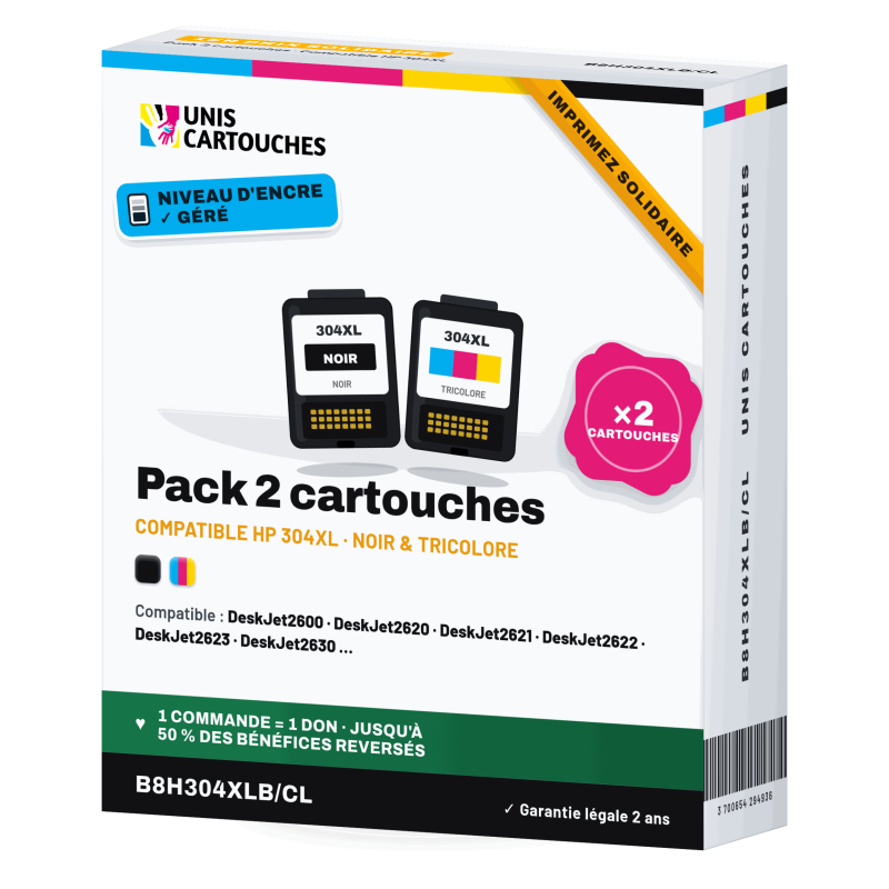 Pack HP 304XL remanufacturé N9K08AE + N9K07AE | 1er Prix Solidaire
