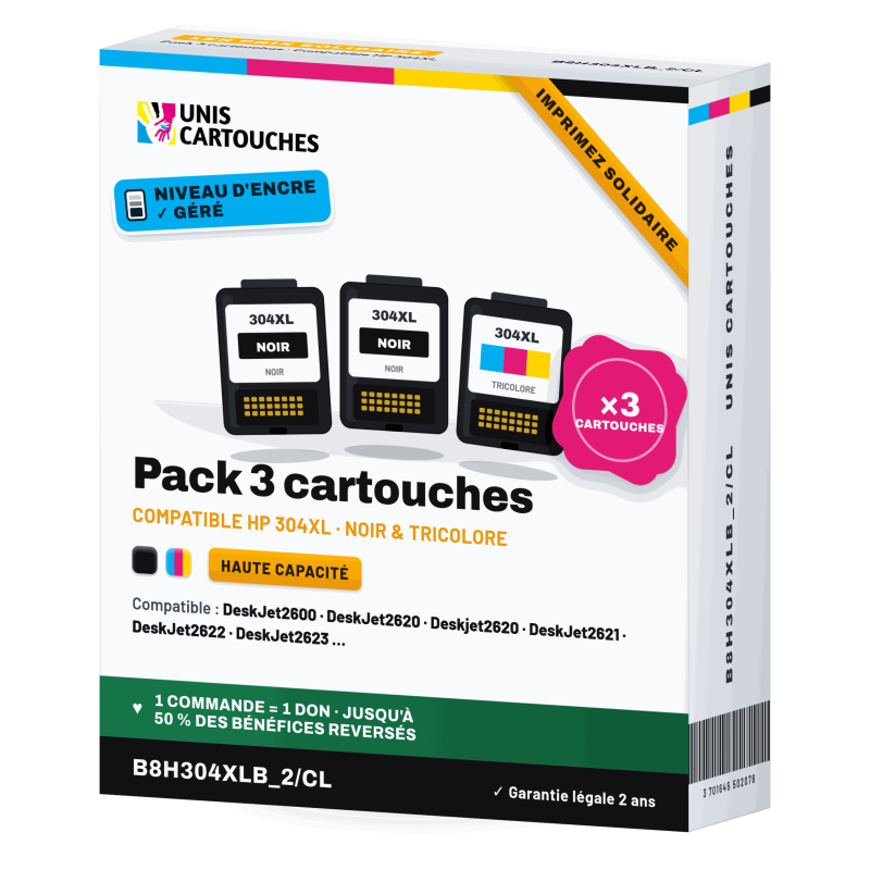 Pack 3 HP 304XL remanufacturé : 2 noires + 1 couleur | 1er Prix