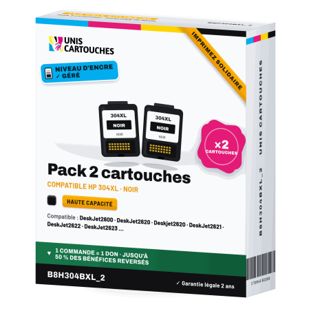 Lot de 2 HP 304XL noires remanufacturées N9K08AE | 1er Prix