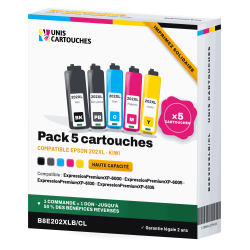 Pack de 5 cartouches d'encre compatibles Epson 202XL Kiwi (C13T02G74010) Noir, Noir photo, Cyan, Magenta, Jaune | 1er Prix