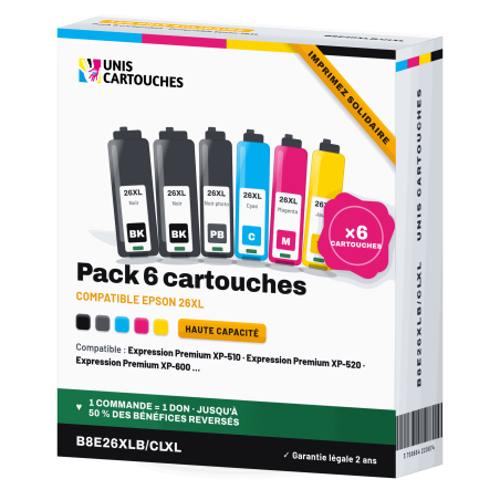 Pack 6 cartouches compatibles Epson 26XL dont 2 noirs | 1er Prix