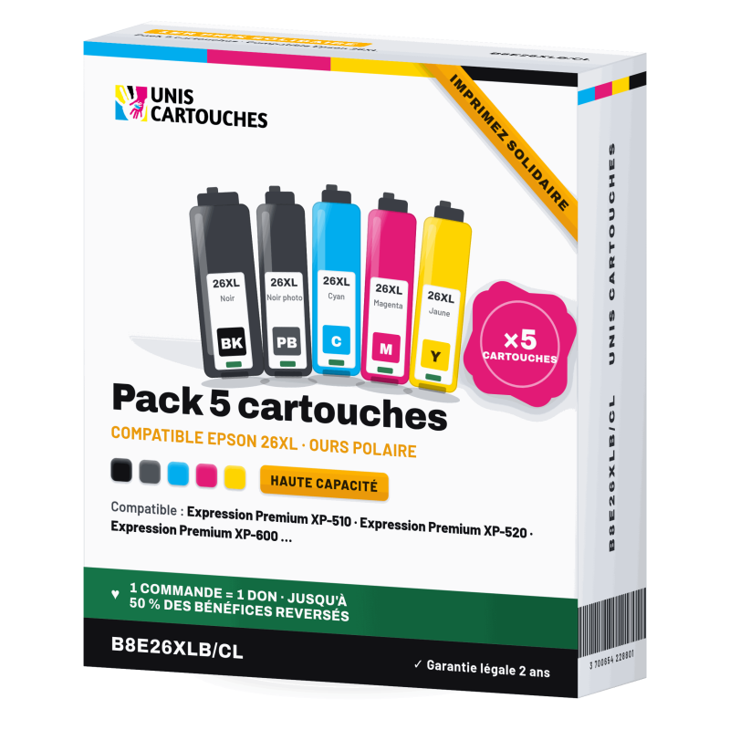 Pack 5 cartouches compatibles Epson 26XL C13T26364012 | 1er Prix