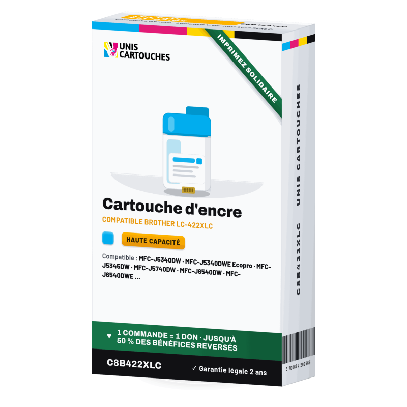 Cartouche compatible Brother LC422XLC Cyan XL, 1 500 pages