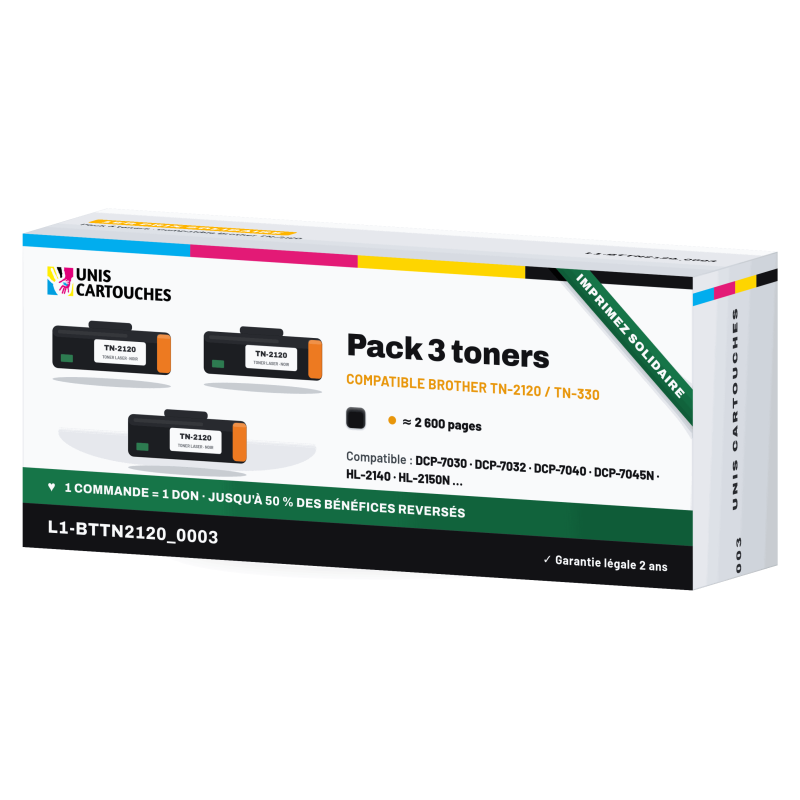 Lot 3 toners compatibles Brother TN-2120 / TN-360, 2 600 pages