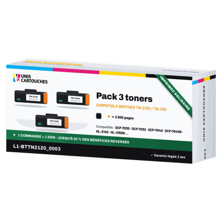 Lot 3 toners compatibles Brother TN-2120 / TN-360, 2 600 pages