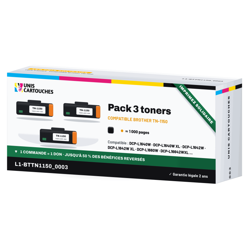 Pack de 3 toners Brother TN-1150 Noir | 1er Prix Solidaire