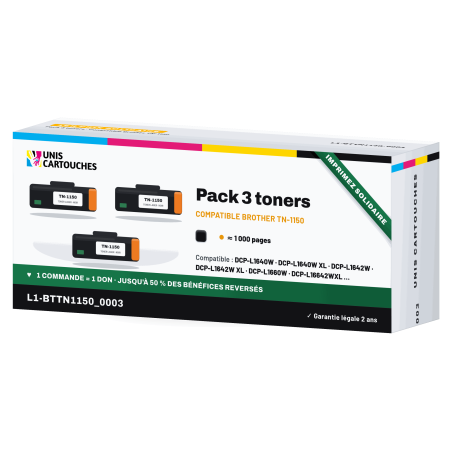 Pack de 3 toners Brother TN-1150 Noir | 1er Prix Solidaire
