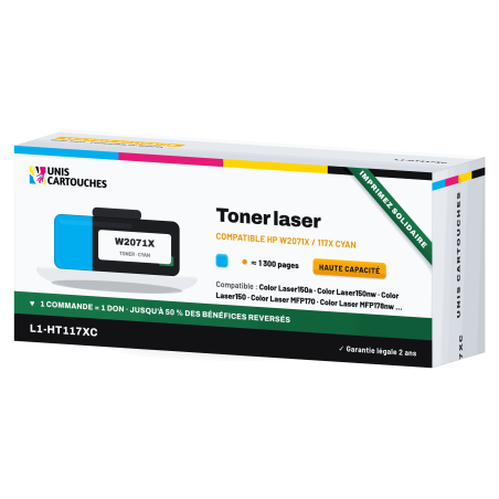 Toner compatible HP 117X Cyan W2071X 1300 pages | 1er Prix