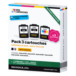 Pack de 3 cartouches HP 302XL Noir + Tricolore | 1er Prix Solidaire