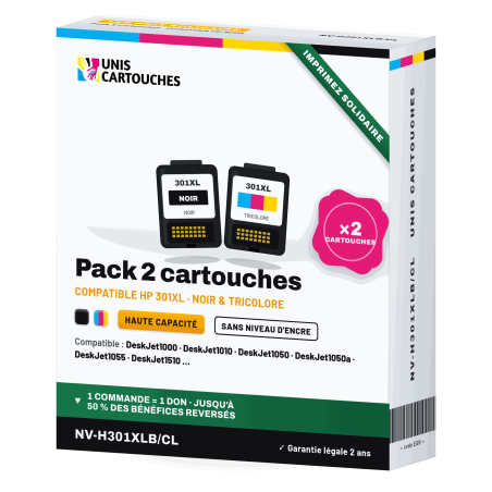 Pack 2 cartouches HP 301XL CH563EE + CH564EE | 1er Prix Solidaire