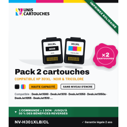 Pack 2 cartouches HP 301XL CH563EE + CH564EE | 1er Prix Solidaire