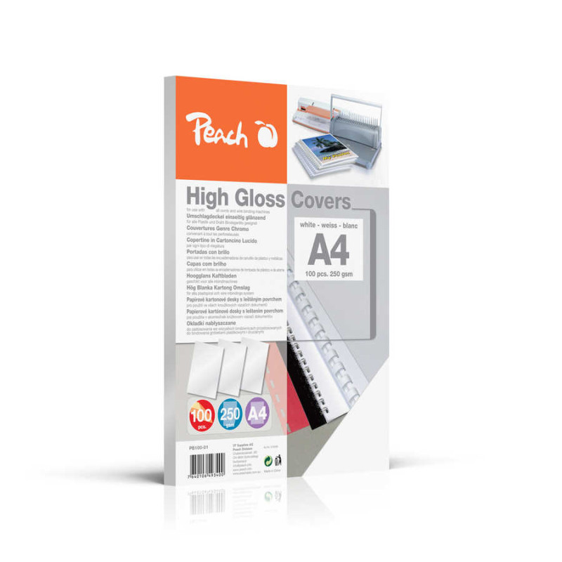 Peach Couverture de brochure en carton brillant A4 250g/m2  - PB100-01 - Boîte de 100 - Blanc